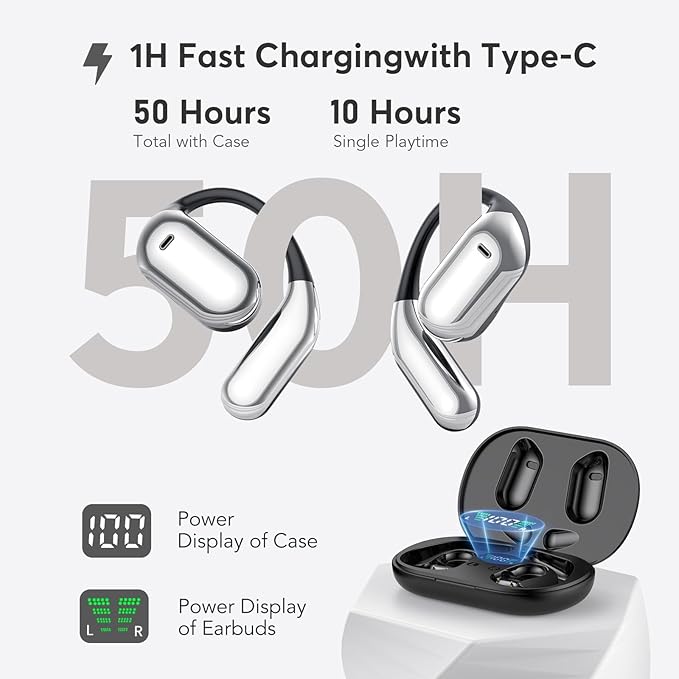 EUQQ Open Ear Bluetooth 5.4 Earbuds, Wireless Headphones Sport Over Earphones Built-in Mic with Ear Hooks, 50H Playtime Ear Buds Fast Charging, IPX7 Waterproof for Running/Workout, Black