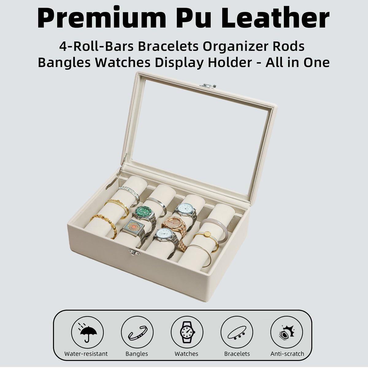 OrizeGe Jewelry Box with Glass Lid Bracelet Holder PU Leather for 4 Horizontal Rods Beige Velvet Watch Case for Women