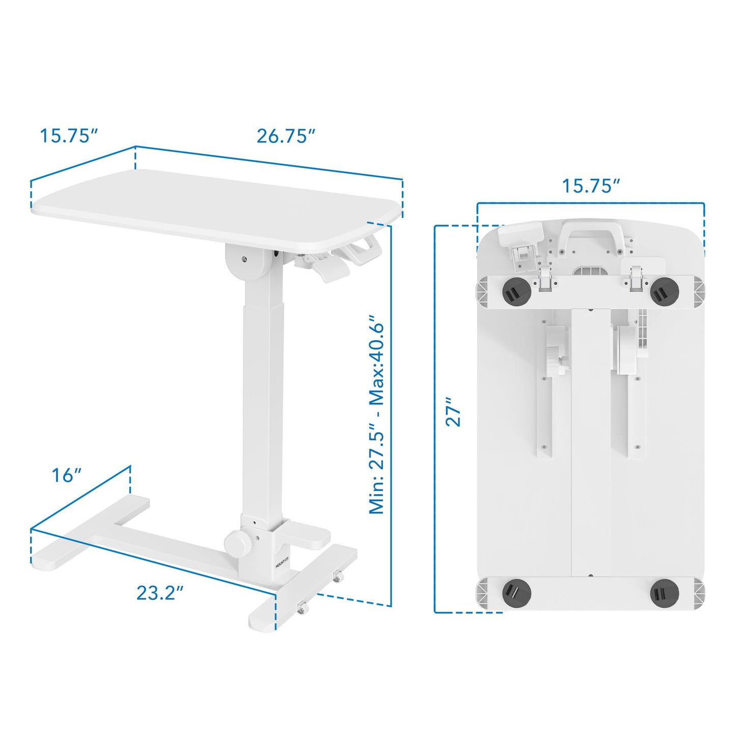 Mount-It! Foldable Overbed Table with Wheels – Height Adjustable Rolling Bedside Table, No Assembly Required, Ultra-Low Profile Base Fits Under Beds & Sofas, for Home and Hospital Use