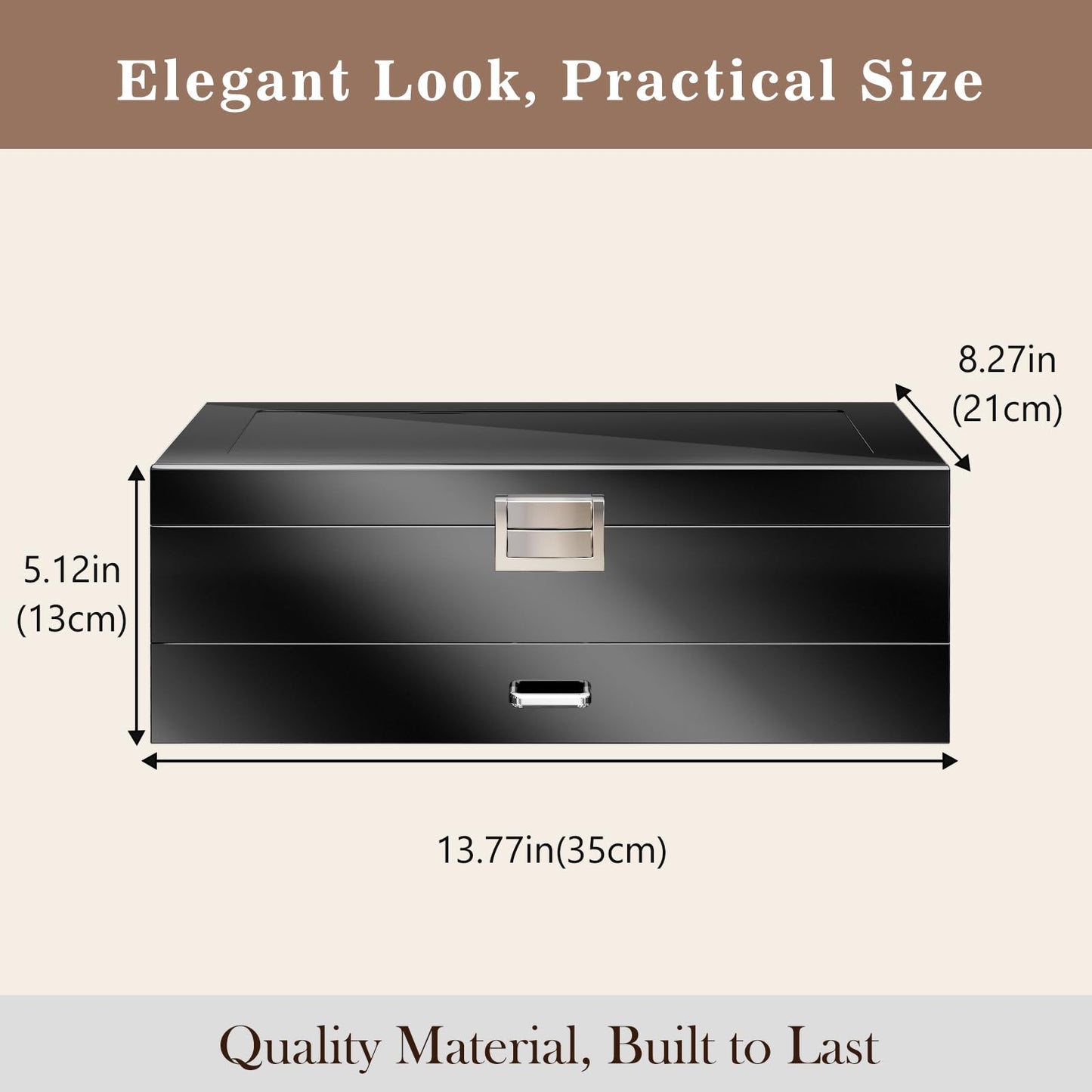 ProCase Lacquered Finish Wooden Men's Jewelry Box, 6 Slots Watch and Sunglasses Box Organizer for Men, Fathers Day Gift, 2-Tier Watch Holder Display Case with Glass Top and Storage Drawer -Black