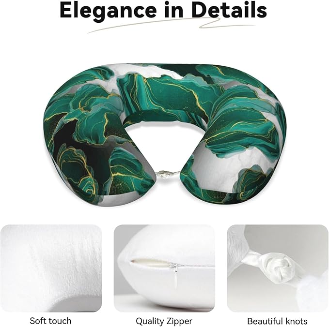 Comfortable Memory Foam Neck Pillow Abstract Teal Green Turquoise Marble, Travel U Shaped Airplane/Car/Flight Pillows with Removable Zipper Cover, Chin Head Neck Support Cushion