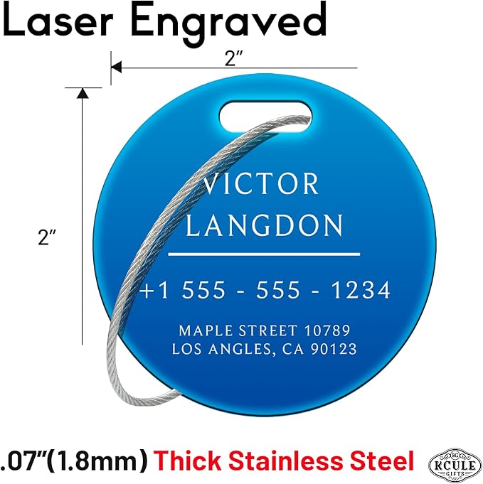 Stainless Luggage Tags for Suitcases 4 Pack: Metal Personalized Luggage Tags for Backpacks & Bags with Customizable Texts (Blue)