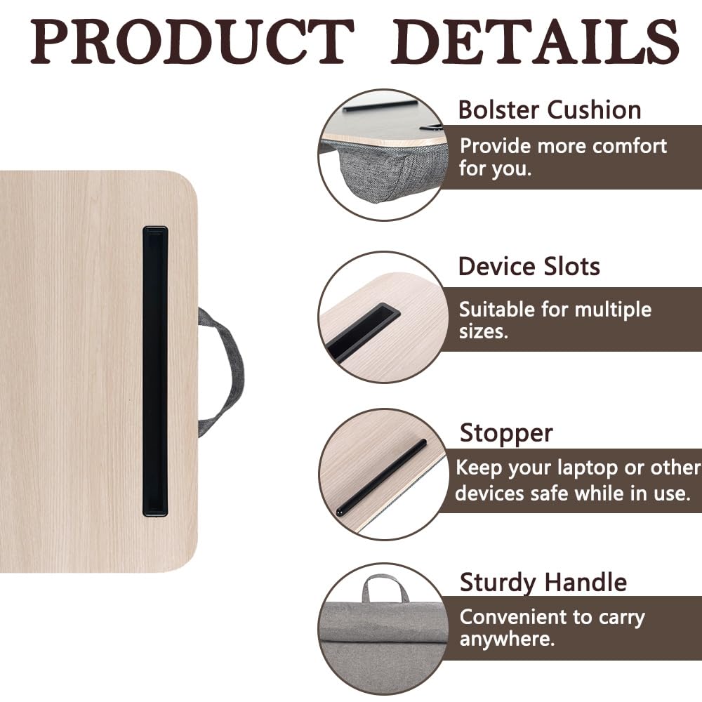 Portable Laptop Desk Fits Up to 16“ Laptops, with Tablet Slot, Built-in Cushion, Great for Home & Office,Lap Desk for Laptop,Lap Desk with Cushion (Light Wood, Medium)