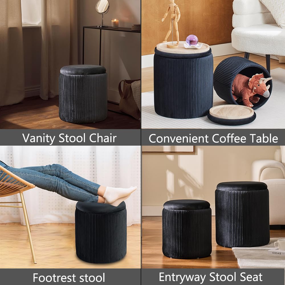 BLEXA Round Ottoman with Storage Set of 2-Upholstered Velvet Vanity Stool for Makeup Multifunctional Ottomans Coffee Table Padded Seat Foot Rest for Living Room&Bedroom (Black-Upgrade Tray Lid)