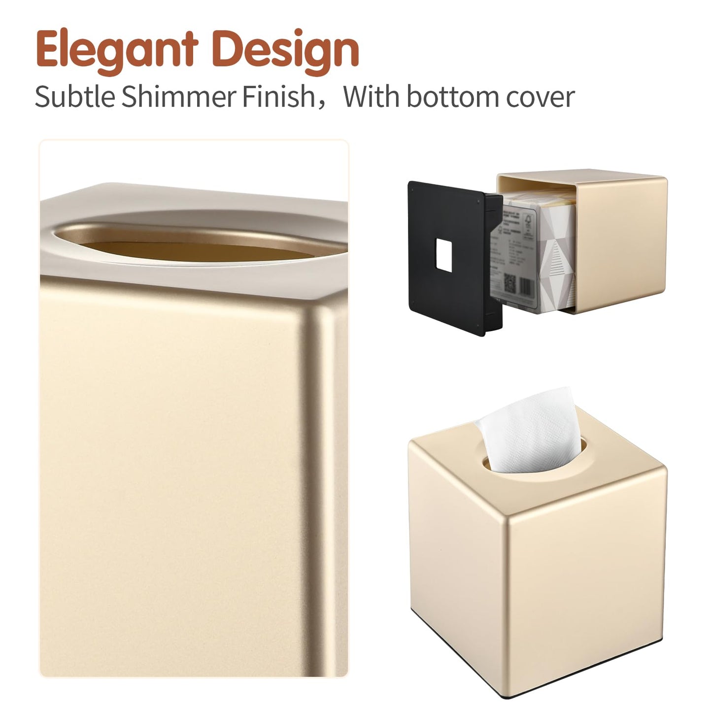 Y-in Hand Tissue Box Cover, Decorative Modern Square Facial Storage Tissue Box Holder, Home Accessories for Bathroom Vanity Countertops, Dressers, Night Stand, Parlors and Office - Champagne Gold