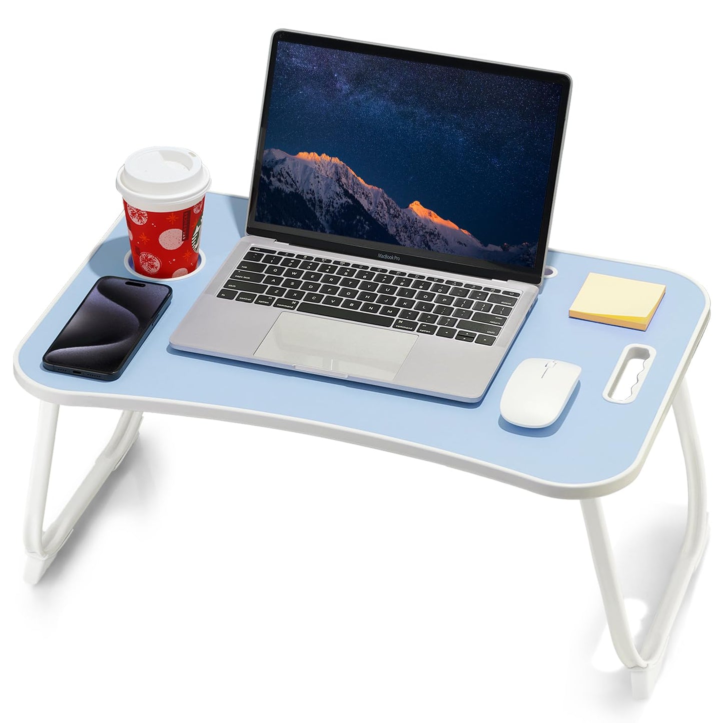 ZEAPTAC Laptop Bed Desk, Foldable Lap Desk, Portable Lap Table, Laptop Stand with Cup Holder, Tablet Slot & Lifting Handle for Work, Write, Draw & Eat on Bed, Sofa or Couch - Blue