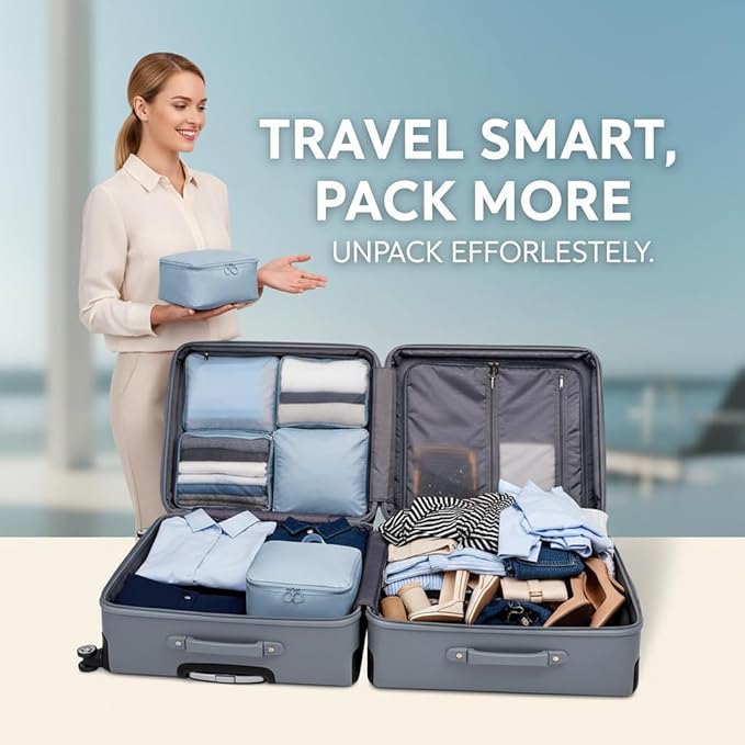 8-Piece Travel Compression Packing Cubes Set - Luggage Organizers for Suitcases - Space Saving Storage Bags for Clothes Travel Essentials (Gray)