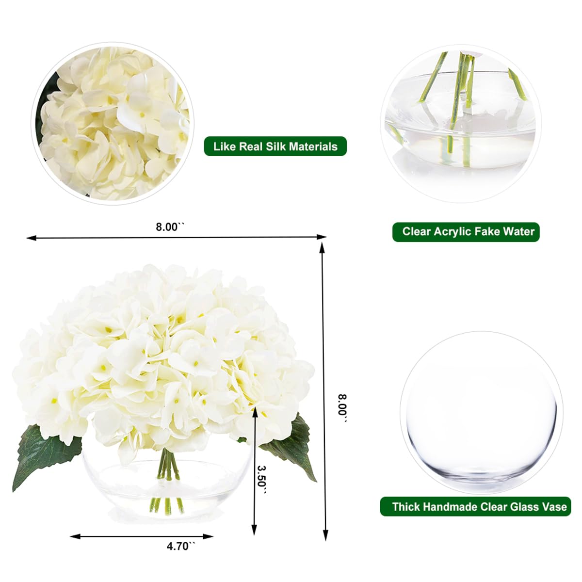 JOJOWOO Silk Hydrangea Flowers in Vase, Small Silk Flowers in Vase with Faux Water for Home Decor Wedding Table (Cream White)