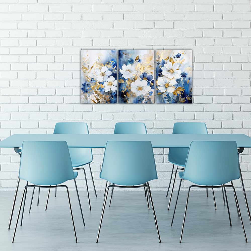 Abstract Flower Canvas Wall Art 3 Pieces Blue and Gold Floral Picture Wall Art Blooming Botanical Painting Prints Bedroom Decors(Flowers-5,12x16inchx3 Pieces (30x40cmx3 Pieces))