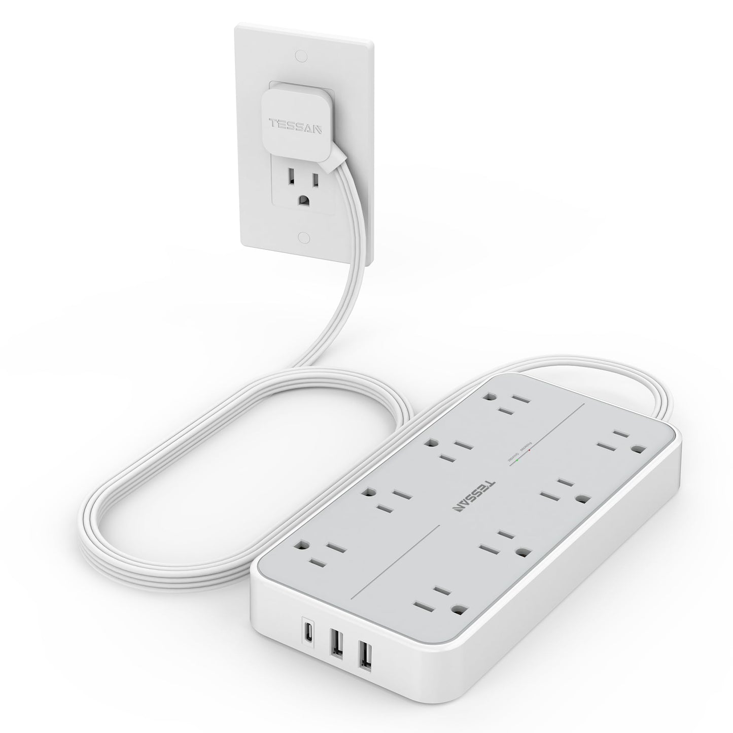 TESSAN Power Strip Surge Protector, Flat Plug Extension Cord with 8 Outlets 3 USB Charger(1 USB C), 1080 Joules Protection, Wall Mountable Charging Station for Home Office School Dorm Room Essentials
