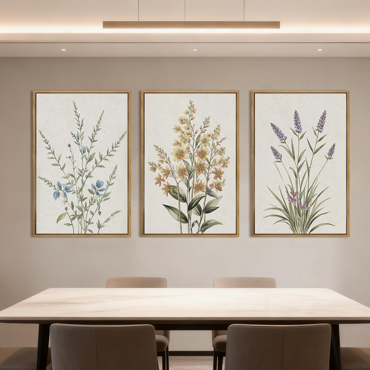Anyzal Botanical Floral Framed Wall Art Large 16x24 Inch Modern Neutral Wildflower Canvas Art Prints Beige Cream Flower Wall Decor for Living Room Bedroom Dining Room Set of 3
