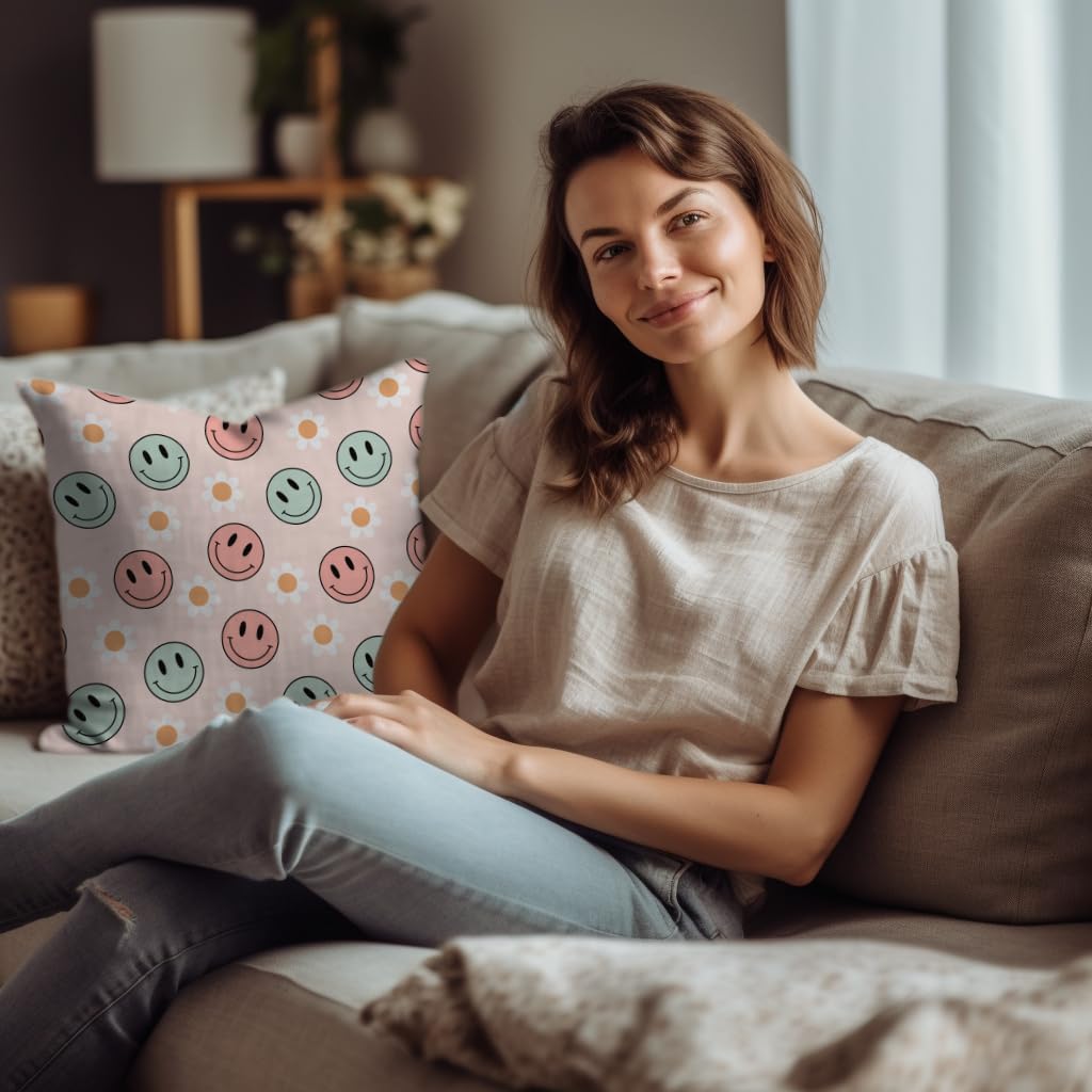 PreLiving Flower Face Preppy Throw Pillow Cover, Hippie Retro Groovy Aesthetic Happy Cute Pillowcase Decoration for Sofa Bedroom Living Room, 18 x 18 Inch