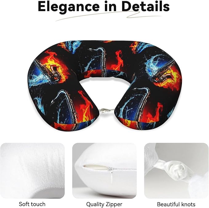 Neck Pillows for Travel Water Fire Saxophone, Women and Men Airplane Car Pillow, Neck Support U Shaped Pillow for Rest Pain Relief Sleeping