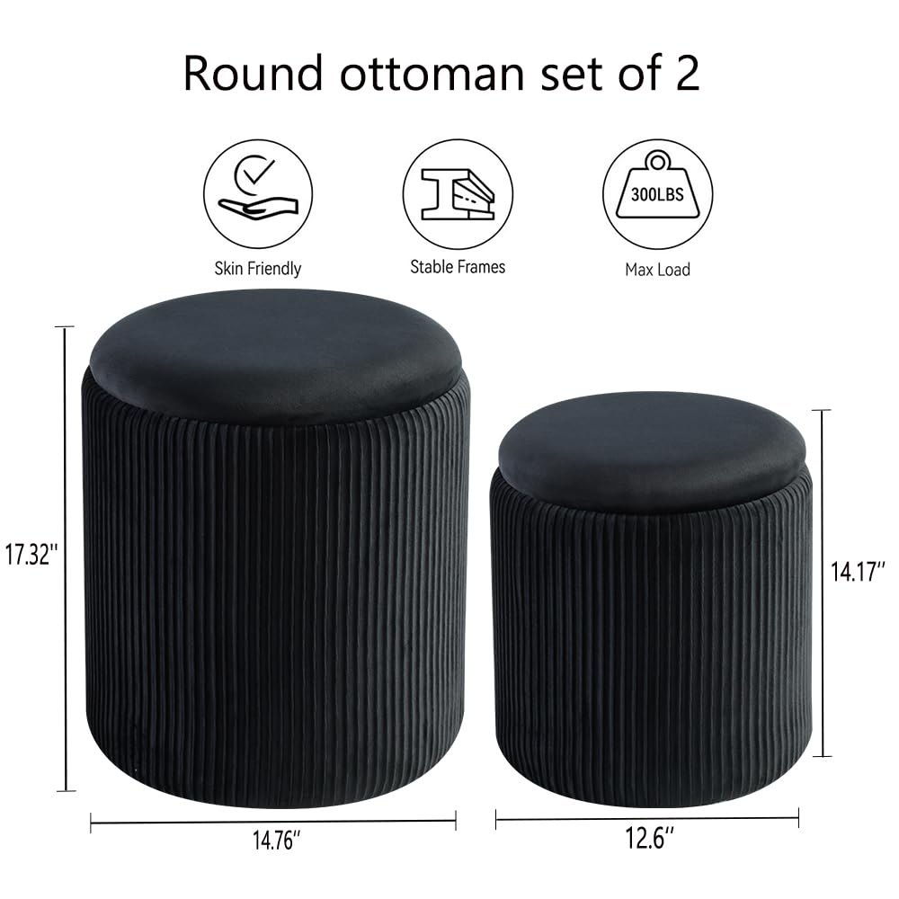 BLEXA Round Ottoman with Storage Set of 2-Upholstered Velvet Vanity Stool for Makeup Multifunctional Ottomans Coffee Table Padded Seat Foot Rest for Living Room&Bedroom (Black-Upgrade Tray Lid)