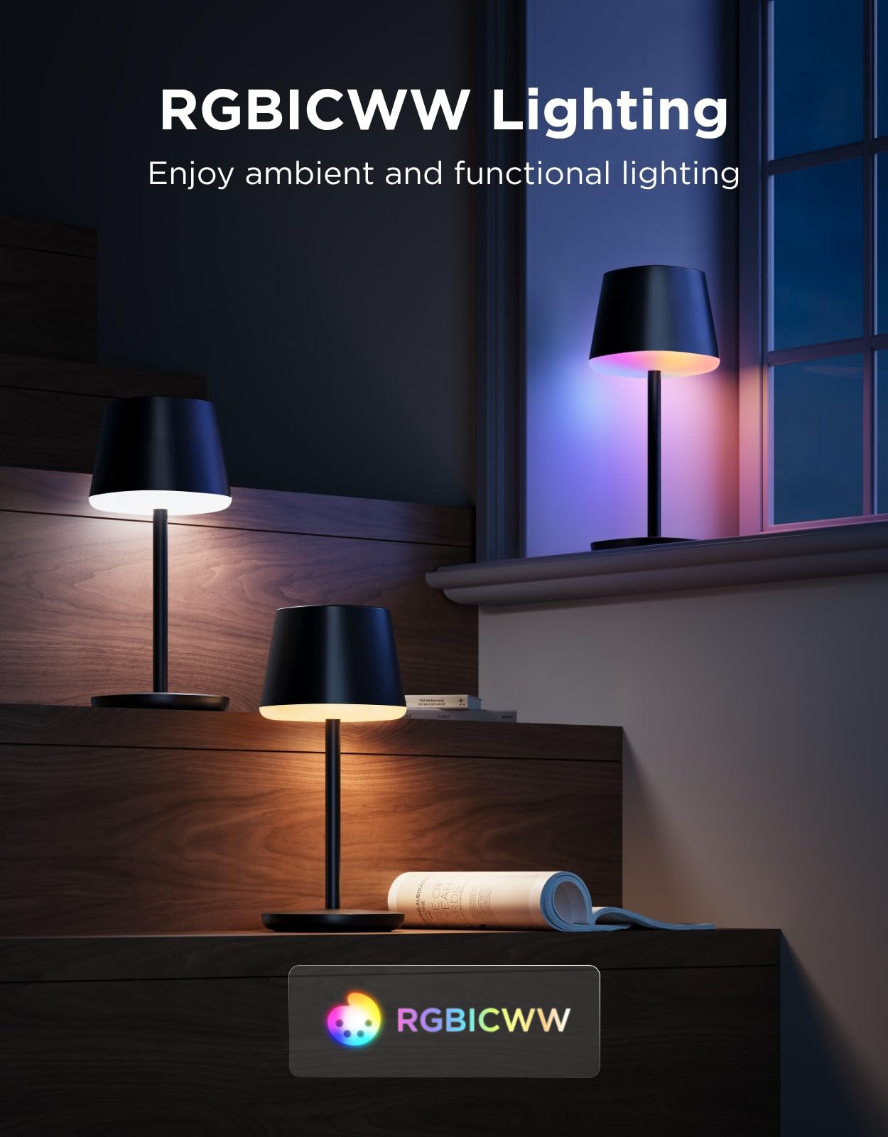 Govee Smart Cordless Table Lamp Classic (No Adapter), RGBIC Rechargeable Table Lamp for Bedroom, Living Room, Portable Desk Lamp Works with Matter, LED Bedside Lamp with 72 Scenes Modes, Timer, 500lm