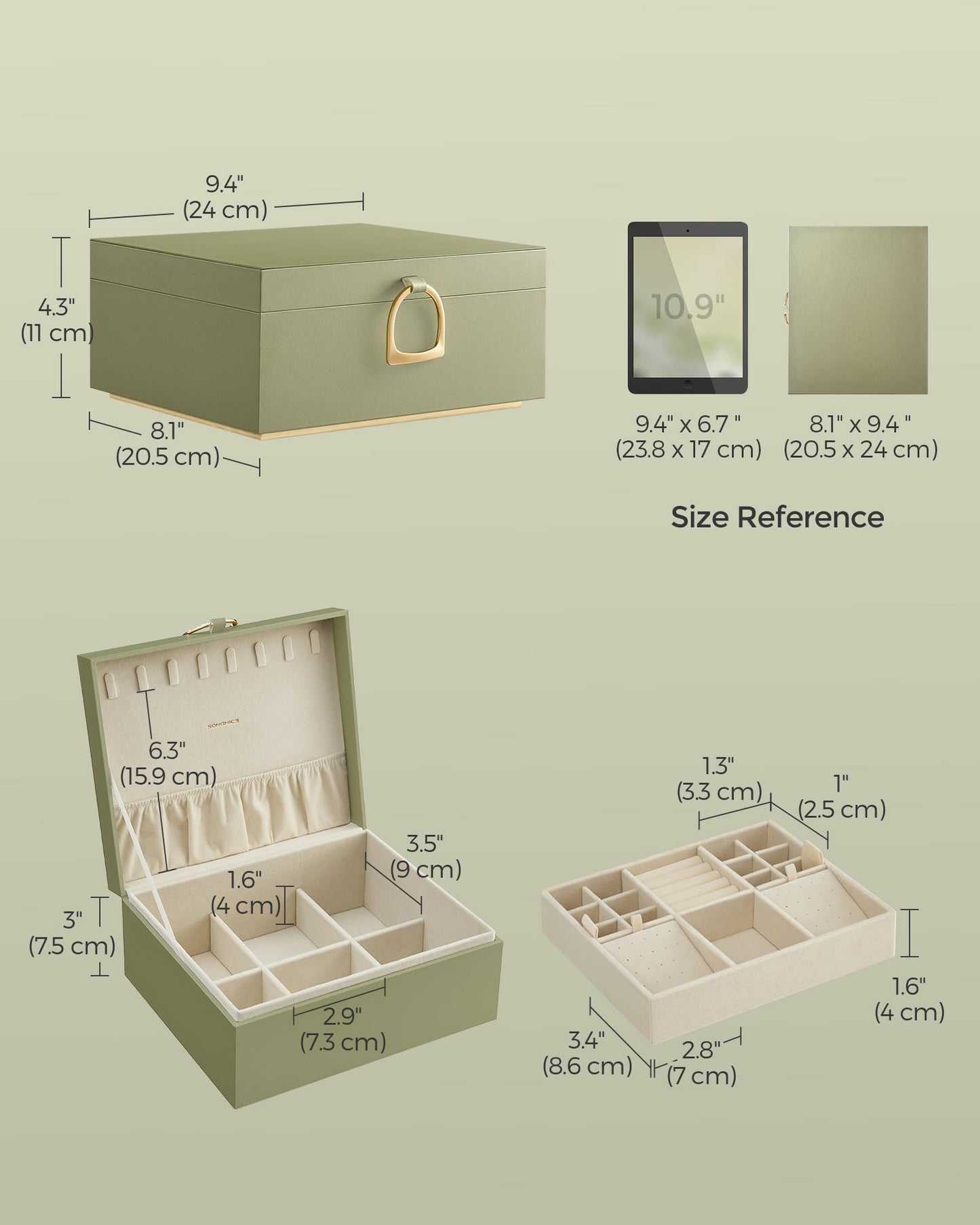 SONGMICS 2-Layer Jewelry Box, Jewelry Organizer with Handle, Removable Jewelry Tray, Jewelry Storage, Floating Effect, 8.1 x 9.4 x 4.3 Inches, Gift Idea, Sage Green UJBC165C02