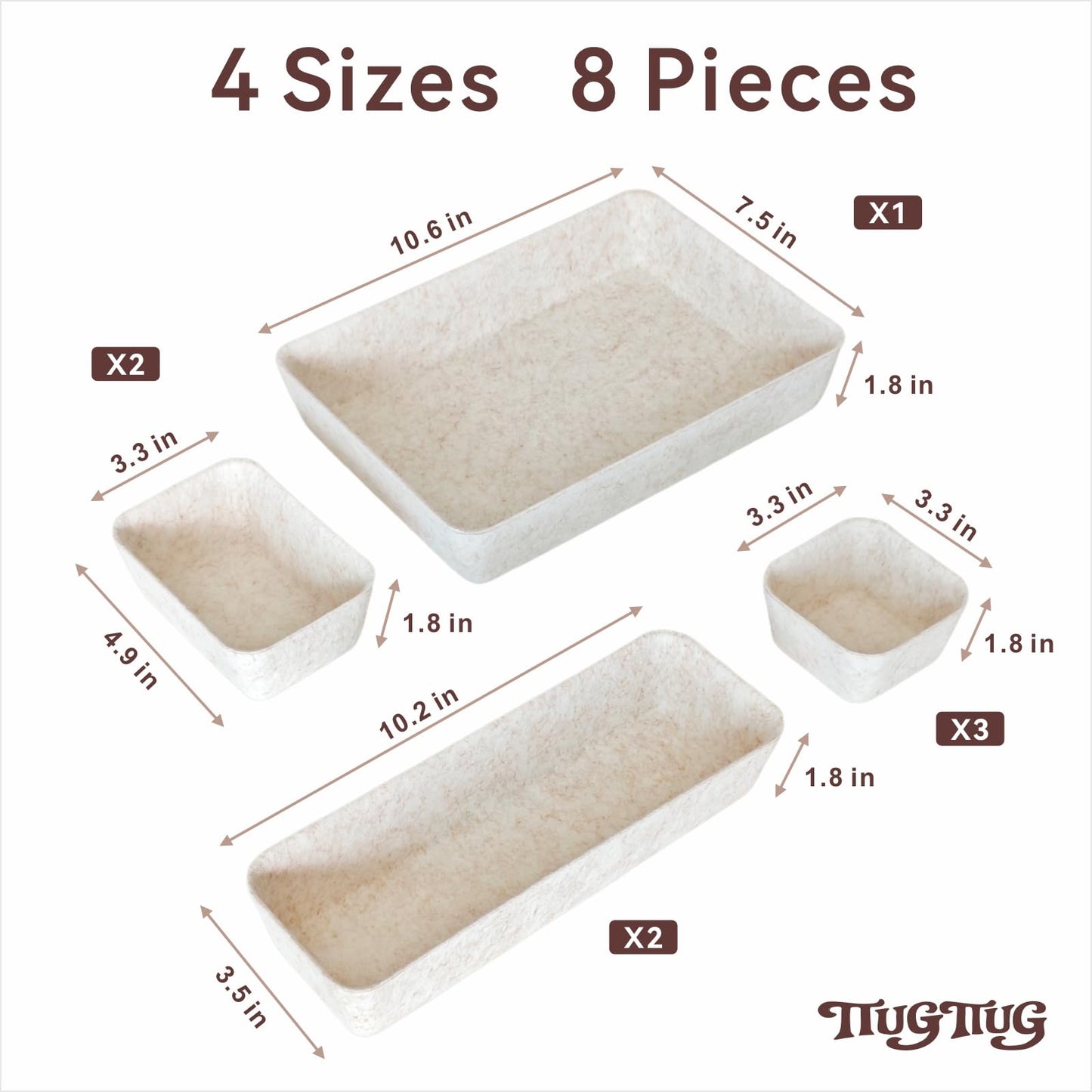 TTUGTTUG 8-Piece Felt Drawer Organizer Set in 4-Sizes, Made from Eco-Friendly Material for Vanity, Makeup, Desk, Office, Kitchen, and Nightstand, Oatmeal