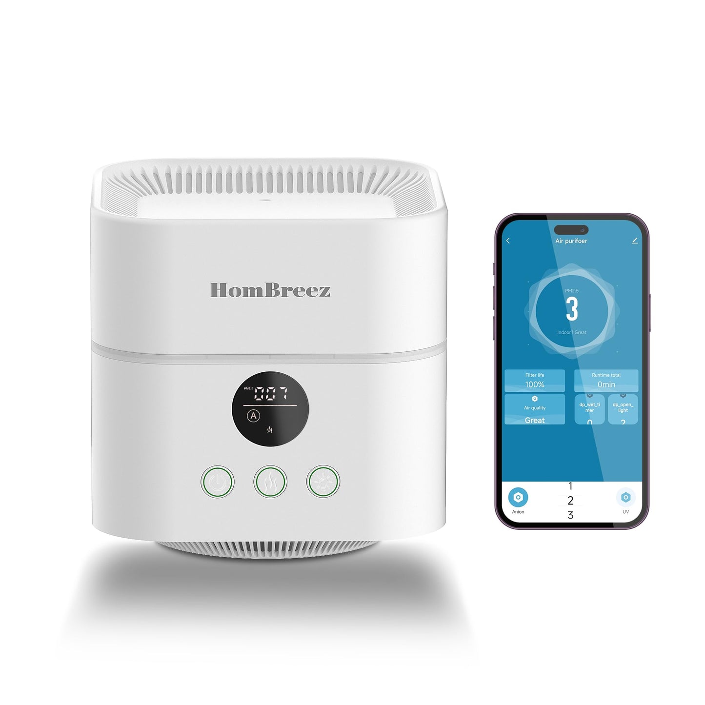 HomBreez Air Purifier and Humidifier Combo for Bedroom, Covers Up to 200ft², H13 True HEPA Filter, 400ML Water Tank, Quiet Cool Mist Top Fill Essential Oil Diffuser for Baby, Pet Room, APP Control