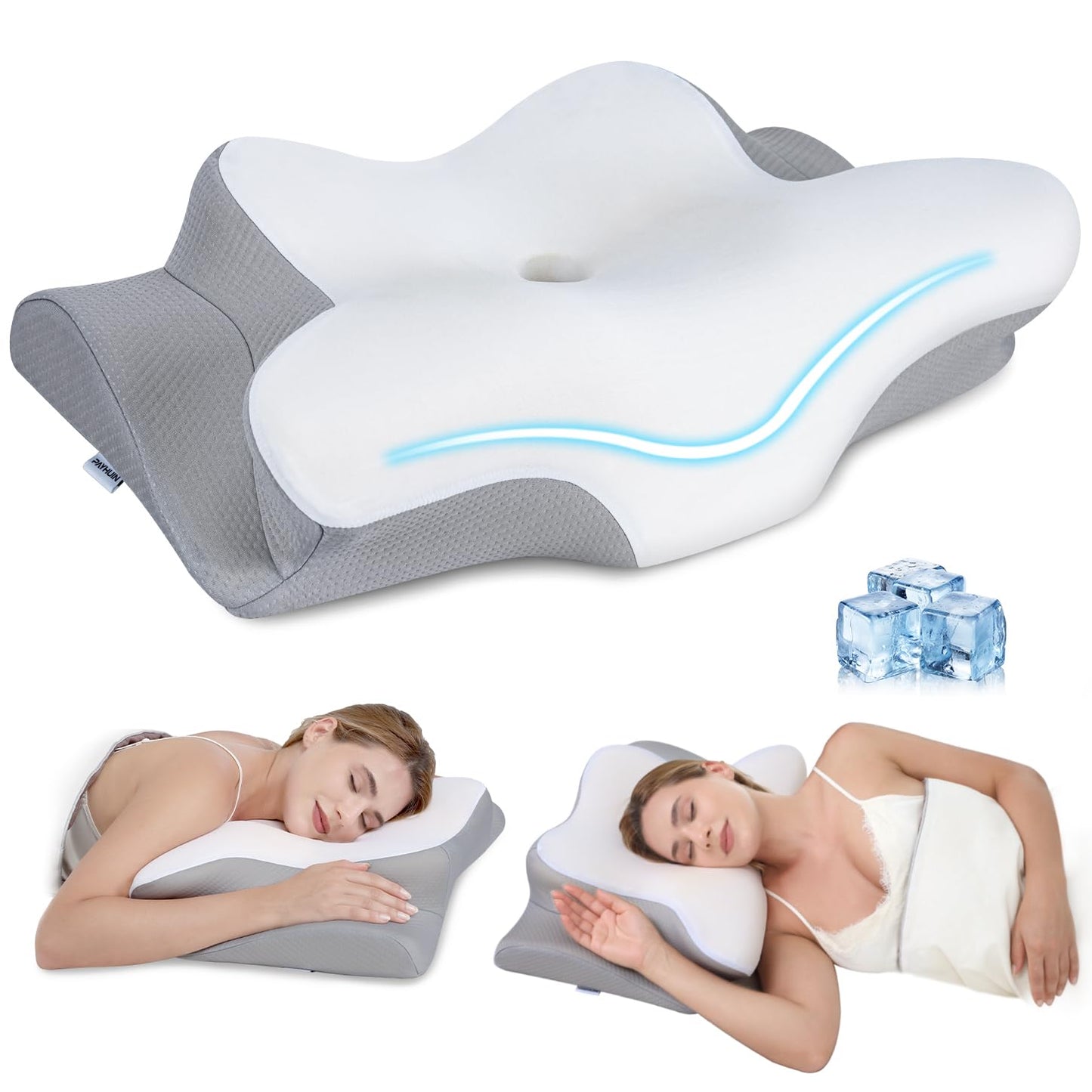 Missleep Cervical Neck Pillow, Memory Foam Pillows for Neck and Shoulder Pain Relief, 2 Heights Ergonomic Pillow with Breathable Ice Silk Cover, Neck Support Pillow for Side Sleepers White