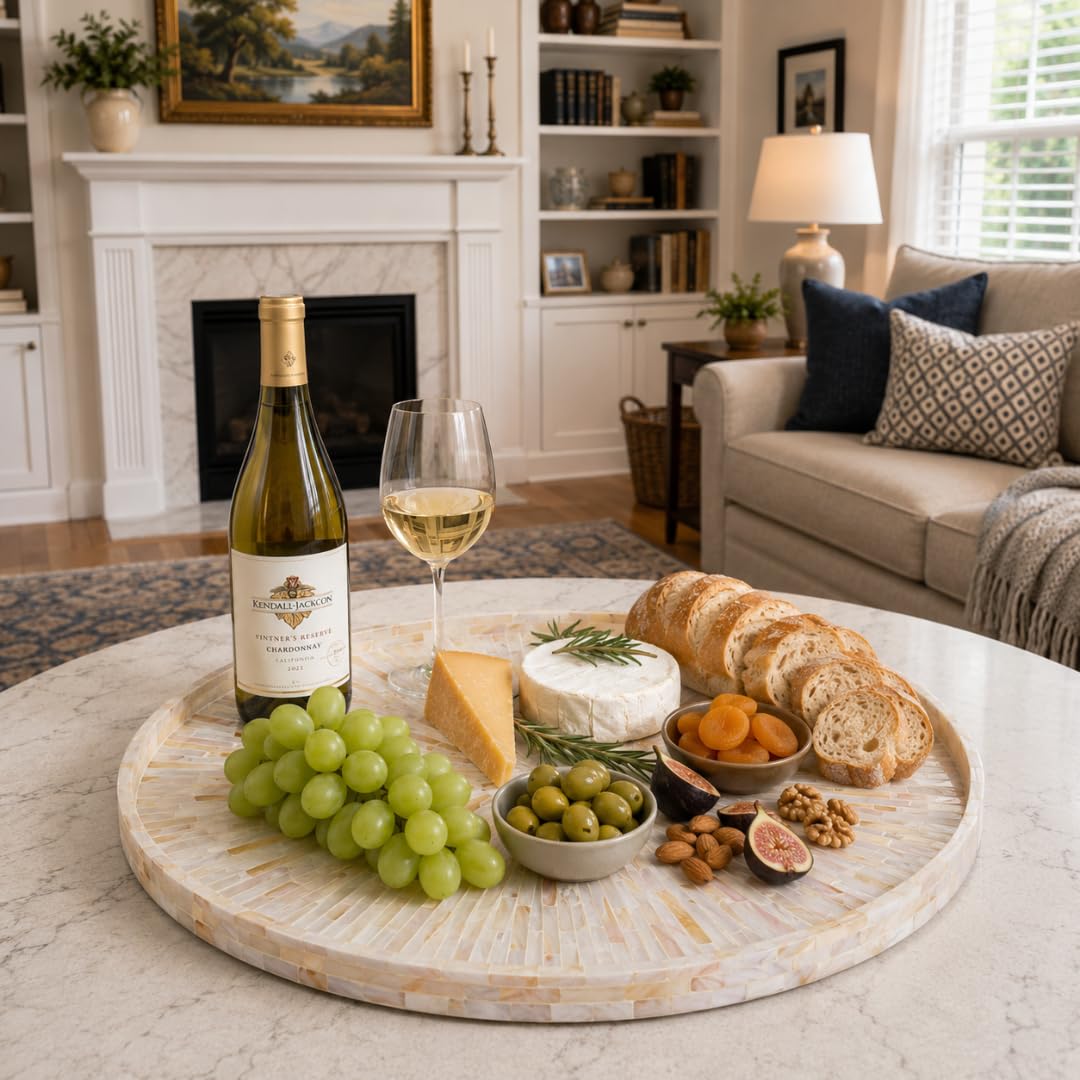 22" Extra Large Round Mother of Pearl Ottoman Tray with Raised Edge – Handcrafted Capiz Shell Serving Tray for Coffee Table, Charcuterie & Breakfast in Bed, Coastal Farmhouse Gift