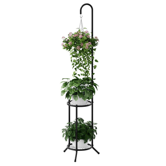 PULIJIAJU 2-Tier Metal Plant Stand with Hanging Hook, Space-Saving Iron Plant Shelf, Heavy Duty Corner Plant Stand ,Planter Holder for Bedroom Balcony Living Room Patio Garden(Hook Style)