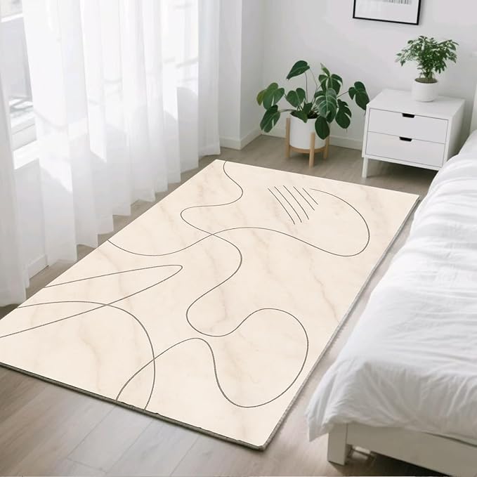 Modern Marble Rug - 4x5 Rug, Abstract Line Marble Area Rugs, Minimalist Geometry Outdoor Rugs, Washable & Non Slip Carpet Home Decor