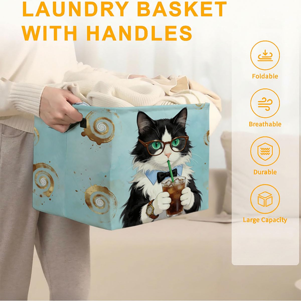 56L Cat Coffee Foldable Square Laundry Hamper with Handles – Large Clothes, Blanket & Toy Storage Basket for Home Organization.