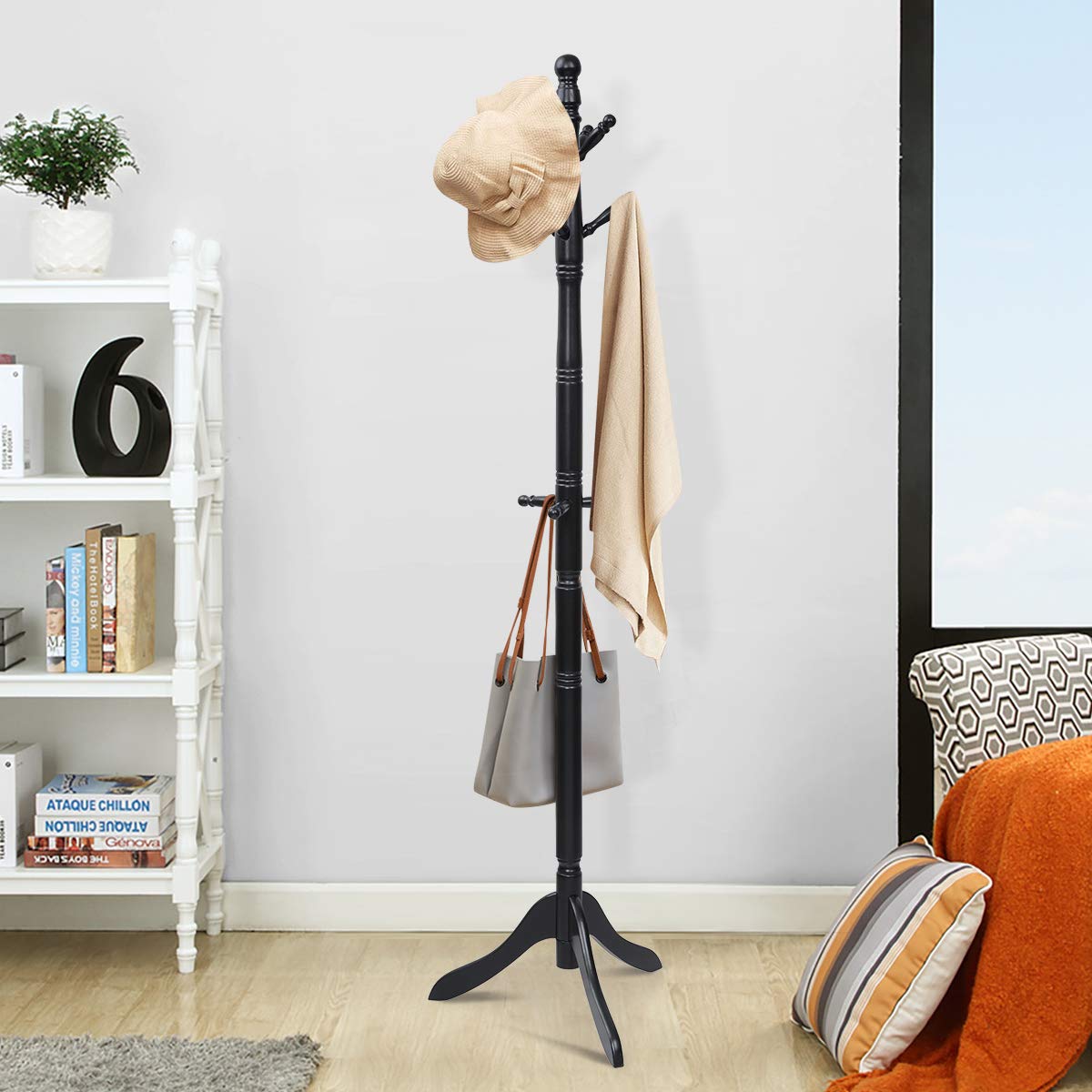 Tangkula Wood Coat Rack Freestanding, Entryway Height Adjustable Coat Stand with 9 Hooks & Stable Tri-Legged Base, Rubber Wood Coat Tree Hall Tree Coat Hanger Stand for Home Office Hall Entryway