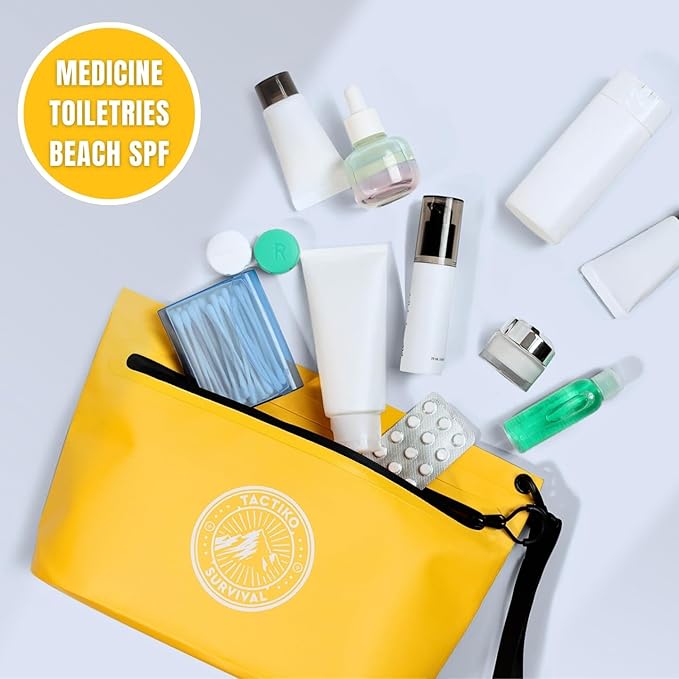 3-Pack Tactiko 3L Water Resistant Pouches - Waterproof Material w/Splashproof Zipper - Hold All Zipper Bags for Storage, Toiletries,Travel, Beach, Cruise, Home (3, Yellow/Orange/Gray)