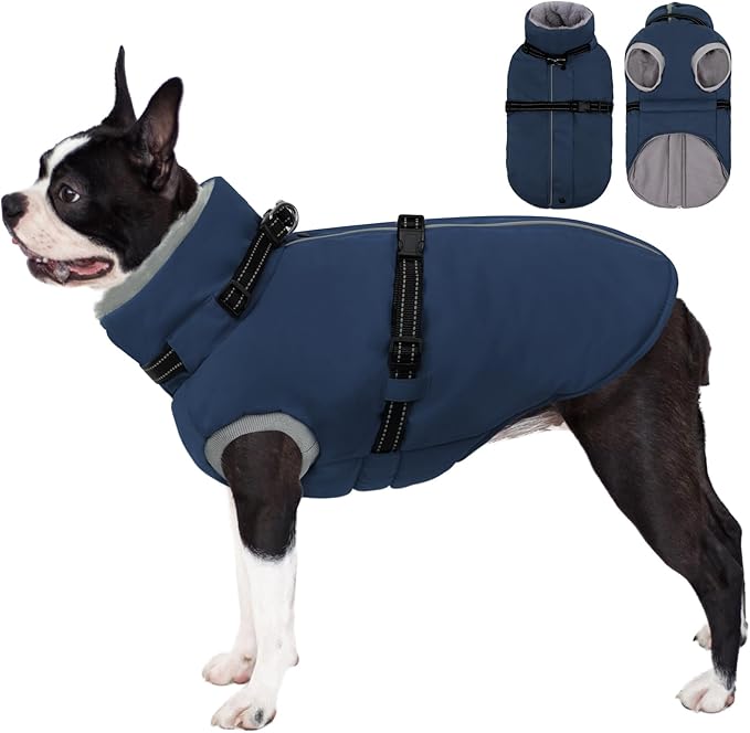 AOFITEE Small Dog Coat, Warm Dog Jacket Winter, Windproof Puppy Winter Coat with Harness & Zipper, Reflective Turtleneck Fleece Pet Sweater Snow Jacket Snowsuit for Schnauzer, Yorkshire Terrier, S