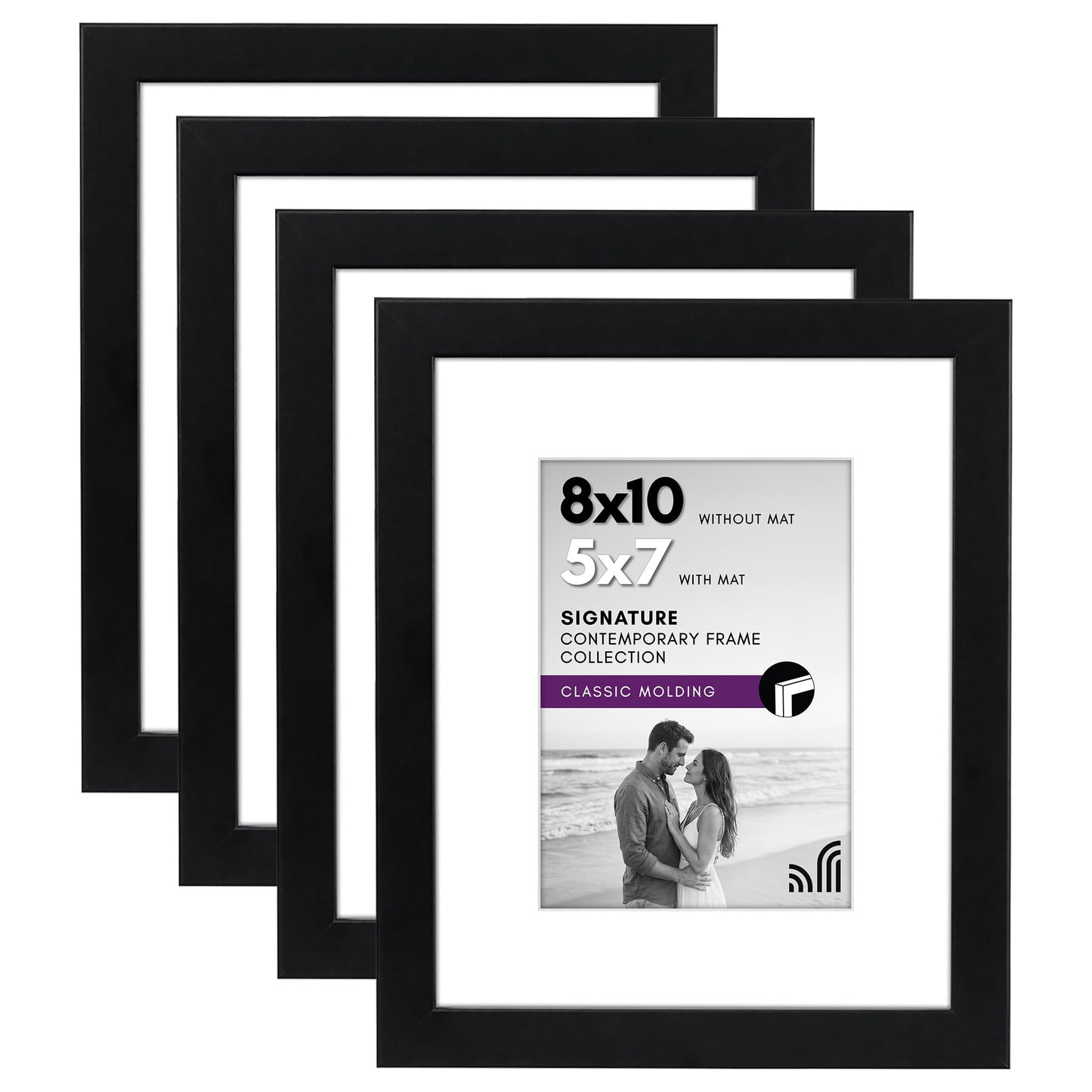 Americanflat 8x10 Picture Frame with Shatter-Resistant Glass - Set of 4 - Use as 5x7 Frame with Mat or Display 8x10 Photo Without Mat - Signature Collection - Photo Frames for Tabletop or Wall - Black