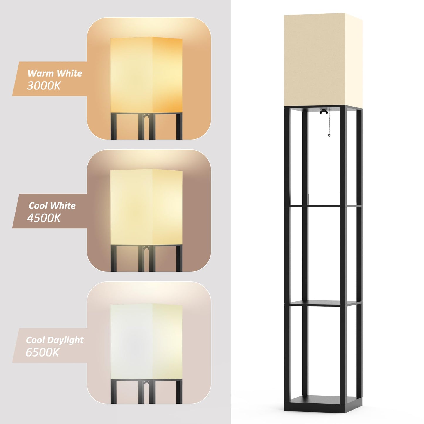 Befancy Floor Lamp with Solid Wood Shelves for Living Room, 3-Tier Shelf Standing Lamp with LED Bulb and Pull Chain Switch, Corner Display Bookshelf Lamp for Living Room and Bedroom(Black)
