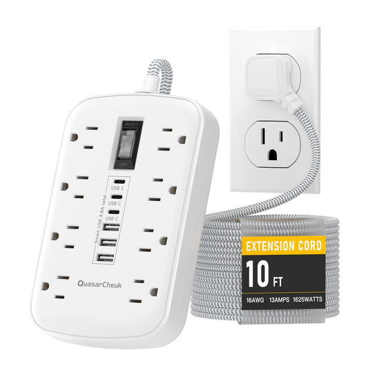 10Ft Extension Cord with Multiple Outlets, Flat Plug Surge Protector Power Strip 10 Ft Long Cord, 8 Outlets & 6 USB (3 USB C), Desk Charging Station for Home Office, College Dorm Room Essentials