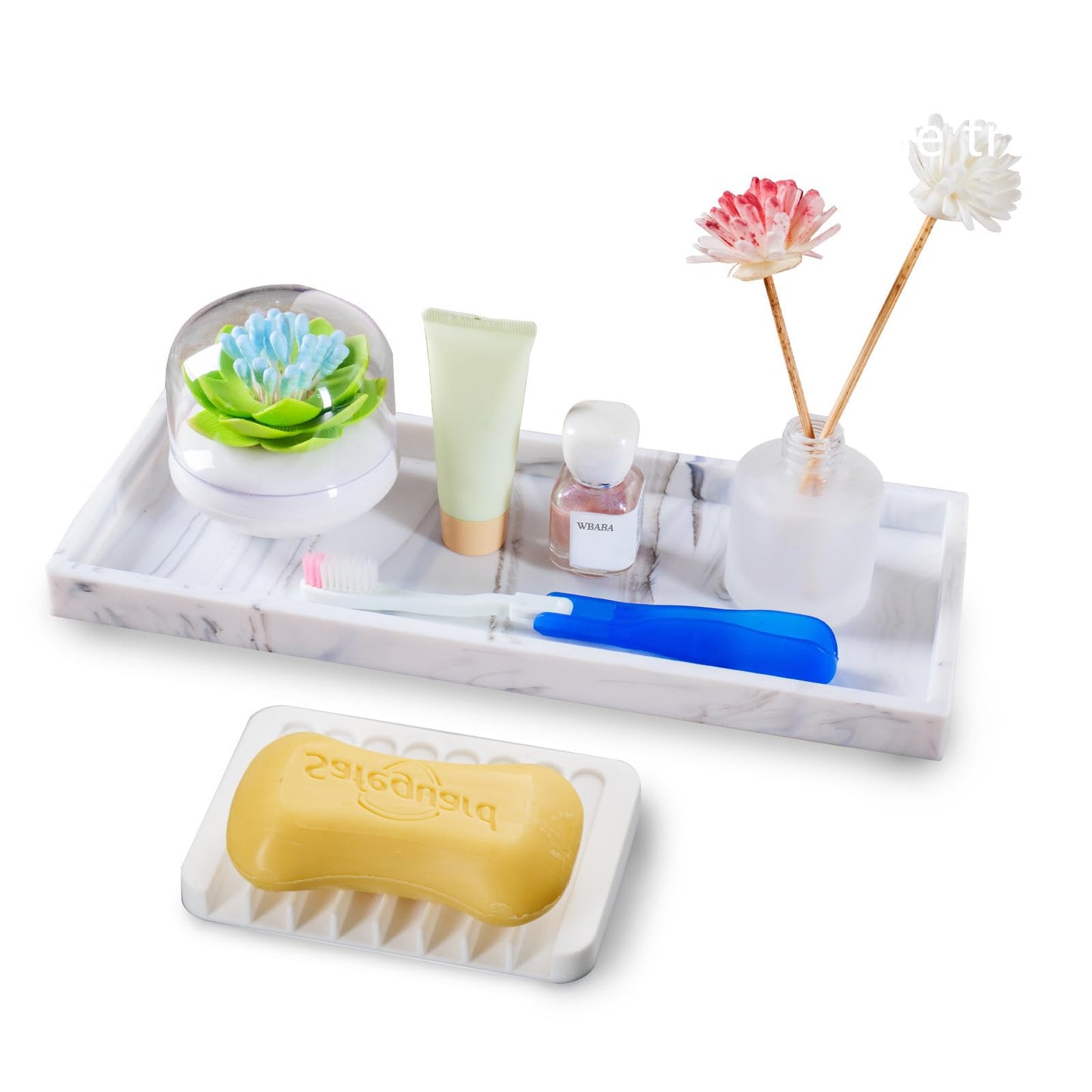 Bloss Bathroom Counter Marble Tray and Soap Holder - 15.7x5.9 inch Silicone Bathroom Vanity Trays, Marble Tray for Kitchen Counter, Toilet Tank Tray,Trays for Perfume, Jewelry,Candle, Key