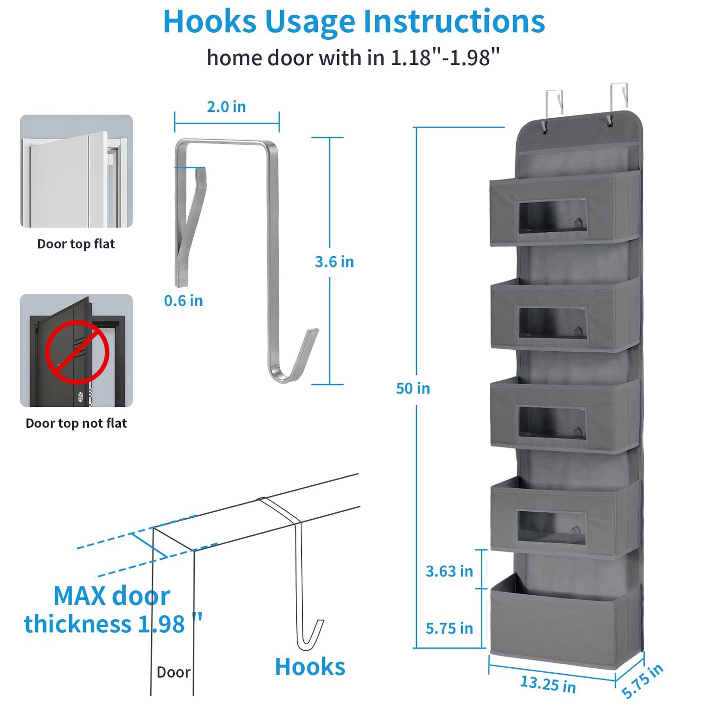 MAX Houser 5-Shelf Over The Door Hanging Organizer with 2 Metal Hooks, 5 Pocket Over The Door Wall Mount Storage with Clear Windows for Bathroom Closet,Bedroom,Dorm,(Gray)