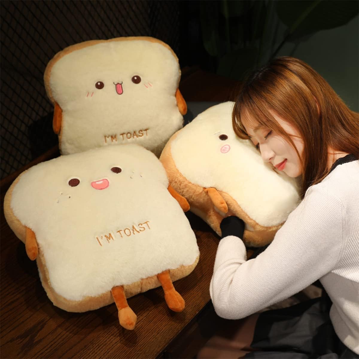 Goylmc Toast Bread Plush Pillow, Bread Stuffed Pillow,Food Plush Pillow with Hand Pocket Great Gift Choice for Kids Adults (15.7 * 13.7 in,Cute)