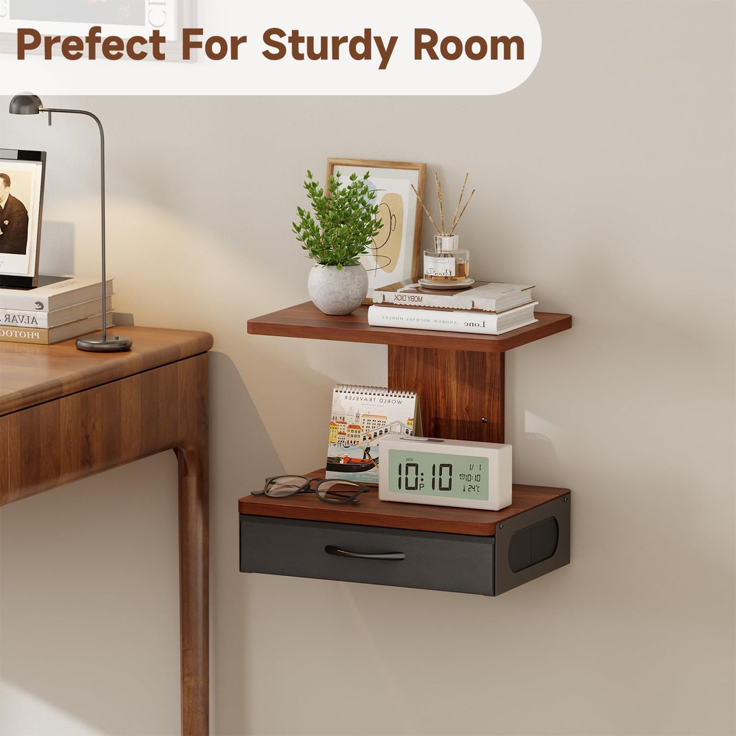 Floating TV Wall Shelf With Drawer, 2-Tier Projector Shelf Holds Up To 22Lbs, Wooden Wall Mounted Shelves For Projector/DVD Player/Game Console/Cable Box/Living Room Decor Accessories, Walnut Brown