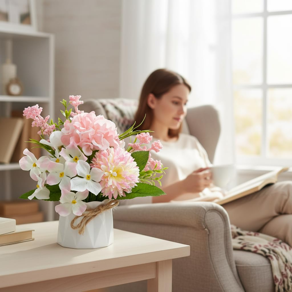 Carfoeny 2 Potted Pink White Hydrangea Artificial Flowers Indoor Fake Plant Bathroom Accessories Decor，Faux Silk Flowers Arrangement in Vase Centerpieces for Tables Dresser Shelf Decor Aesthetic