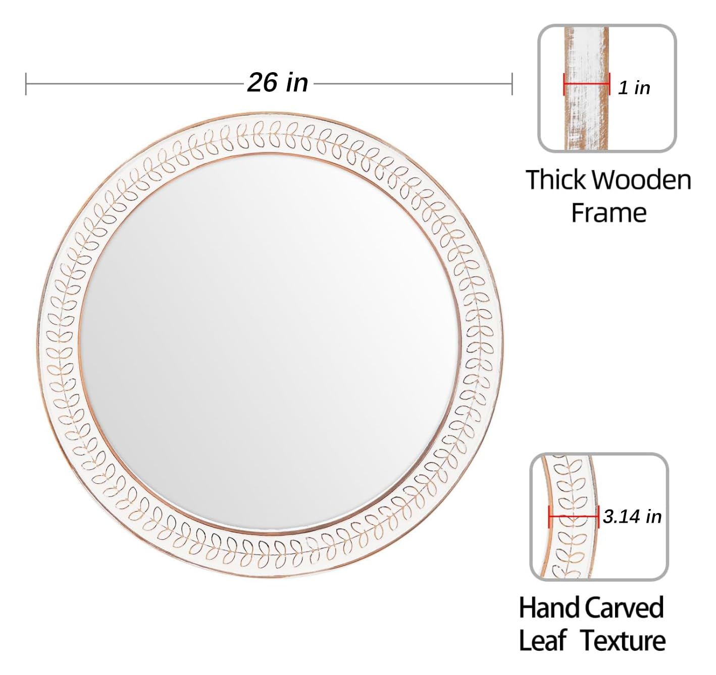26 inch Round Mirrors for Wall Wood Circle Mirror with Carved Frame Rustic Accent Distressed Decorative for Living Room Bedroom Vanity Entryway Hallway Bathroom - White