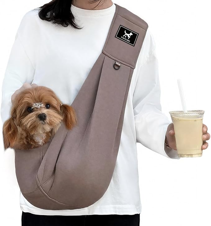 PAWPUBBY Dog Sling Carrier, Small Dog Carrier for Dachshund & Chihuahua 3-10 lbs, Adjustable Padded Shoulder, Hands-Free Puppy Sling with Double Safety Buckles for Outdoor Travel, Caramel, M