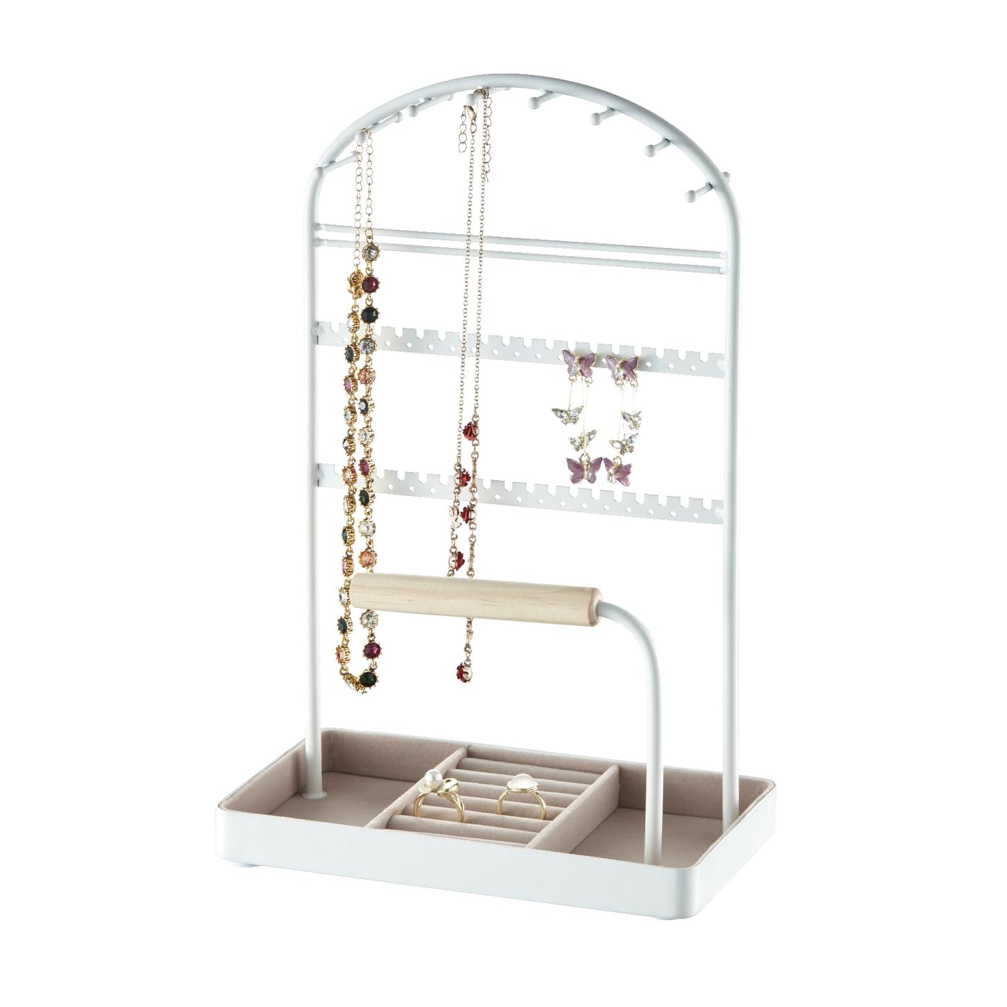 Saydear Multi-Functional Jewelry Holder Organizer Necklace Display Stand Velvet Lined Bar for Rings 2 Tier with 18 Hooks, 32 Earring Holes - Sturdy and Durable, Easy Organization White