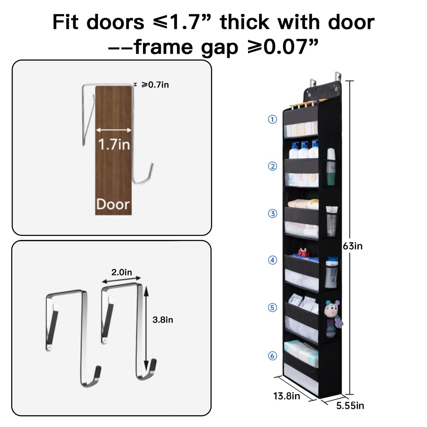 WishJazz Premium Over The Door Organizer 6 Large Pockets, 150D Extra Thick,50 lbs Hanging Organizer Storage, Behind Door Closet Organizer and Storage for Nursery, Bedroom, Bathroom, Black