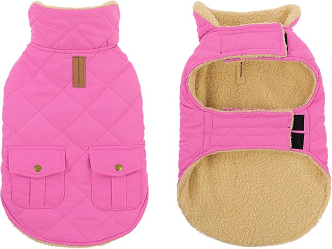 Winter Coat for Medium Dogs, Puppy Plaid Jacket, Cotton Coat for Cold Weather, Windproof Warm Dog Garments, Pet Thickened Outfits Indoor Outdoor, Pink M
