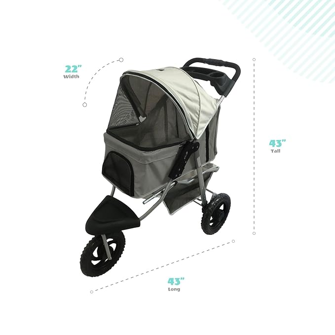 Critter Sitters 4-Wheel Dog Stroller for Medium or Large Sized Dogs & Cats with Scratch Resistant Breathable Mesh Windows and Safety Leash, Storage Basket, Cup Holders, Lockable Wheels, Light Grey