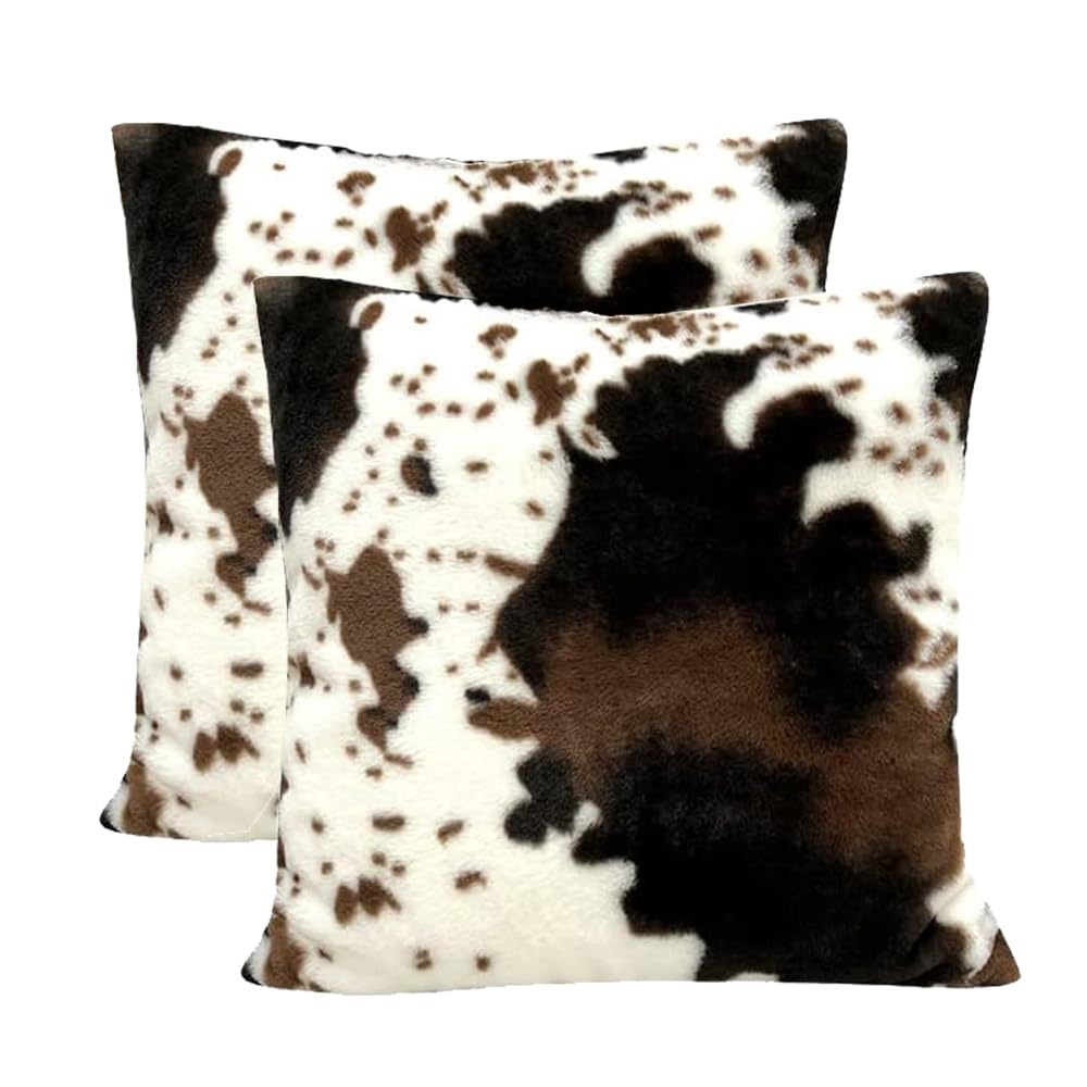 TOMWISH Cowhide Animal Black White and Brown Faux Fur Throw Pillow Covers 18x18 Set of 2 for Chair Bedroom Living Room Sofa Couch Bed Outdoor Double Sided Printing Furry Soft Cozy Pillow Covers