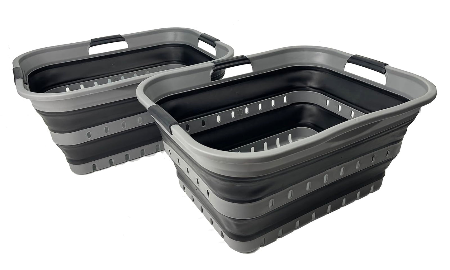 SAMMART 42 (11 Gallons) Collapsible Plastic Laundry Basket, Foldable Pop Up Storage Container/Organizer, Space Saving Hamper, Portable Bin for Dorm Room Bathroom (2, Grey/Black)