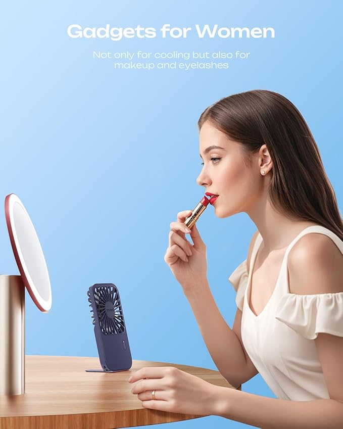 Otlonpe Rechargeable Mini Portable Handheld Fan, Small Personal Battery Powered Handheld Portable Fans for Hand Held Desktop Travel, Foldable Stand, Slim Cordless, Wrist Strap, 3-Speed (Blue)