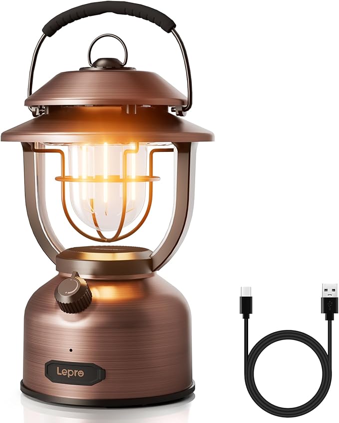 Lepro Retro Classic LED Camping Lantern, High Lumens, Daylight White 2500K and 5000K, Dimmable, USB Rechargeable, Waterproof for Camping, Vintage Decoration and Emergency (USB Charging Cable Included)