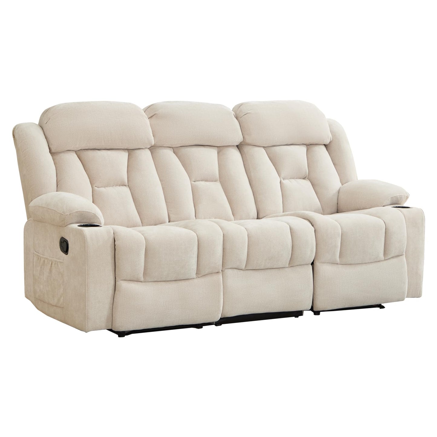 ANJ Manual Recliner Sofa,Chenille Fabric Reclining 3-Seat Living Room Furniture Sets with Cup Holders,Side Pocket,Wall-Hugger Design for Living Room Home Theater Bedroom RV,Beige