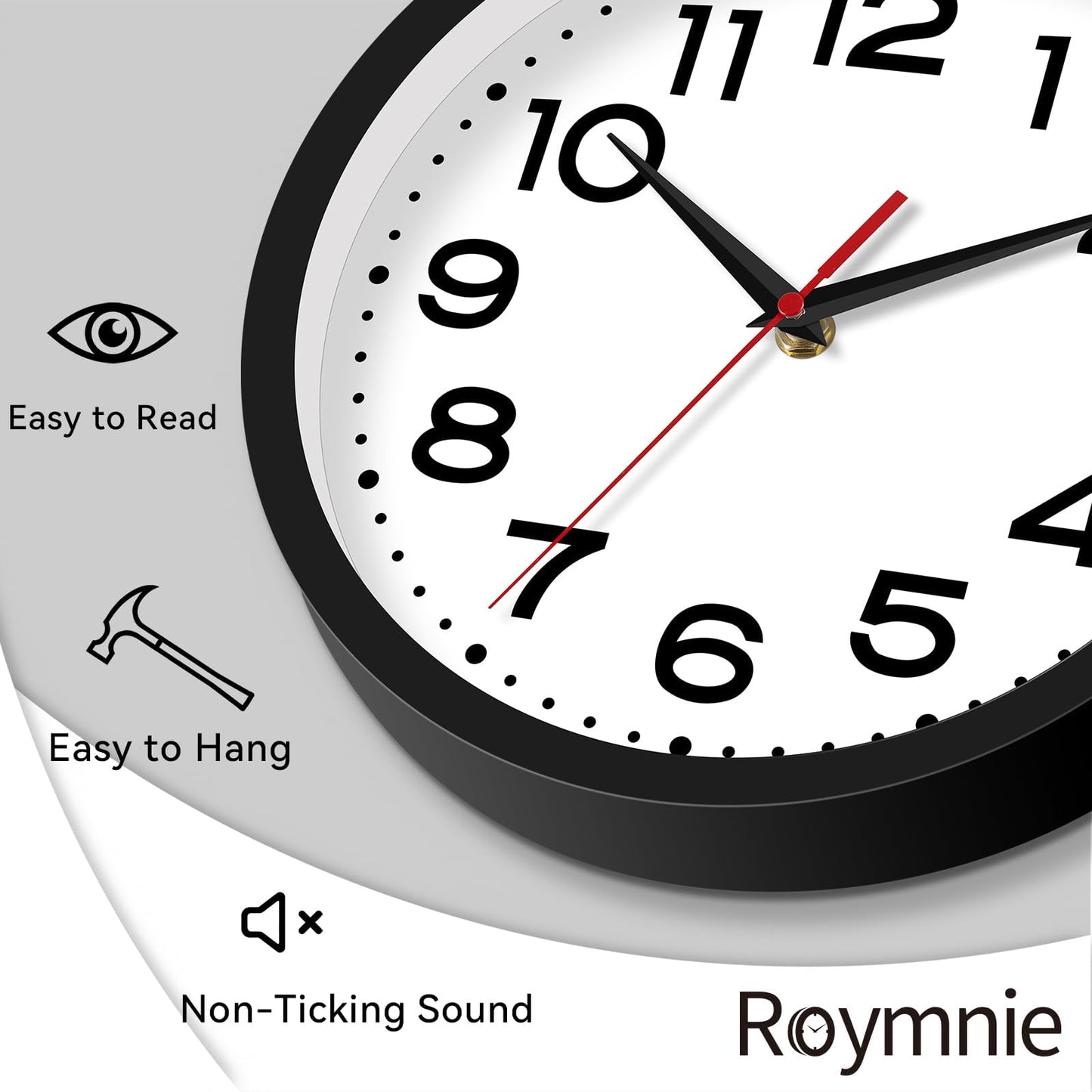 Roymnie Wall Clock Silent Non-Ticking Modern Clock Battery Operated 10 Inch Classic Analog Decorative for Classroom, Living Room, Office, Bedroom, School, Hotel (Black)